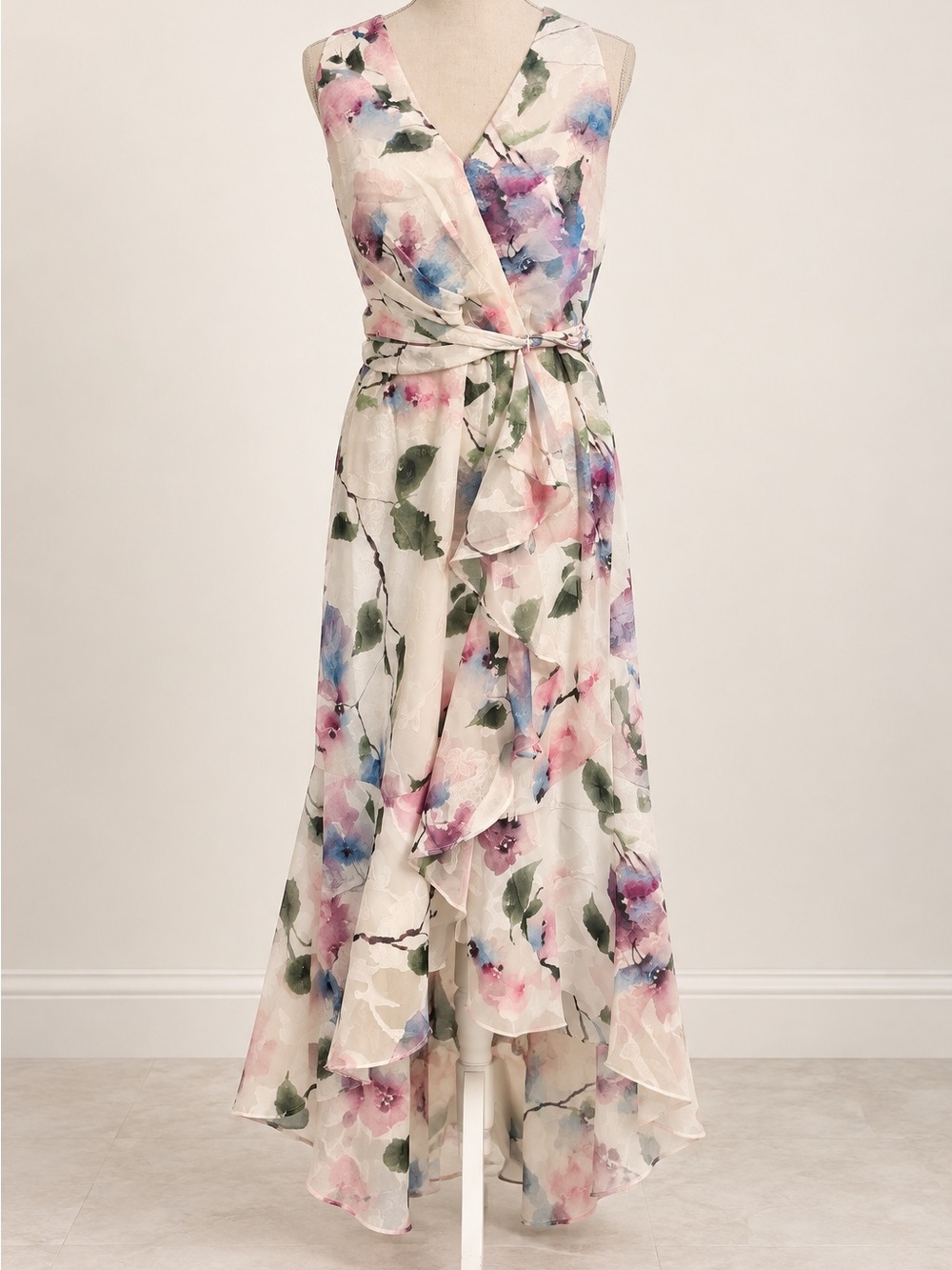 Adrianna Papell Cream Floral Watercolor High-Low Wrap Dress